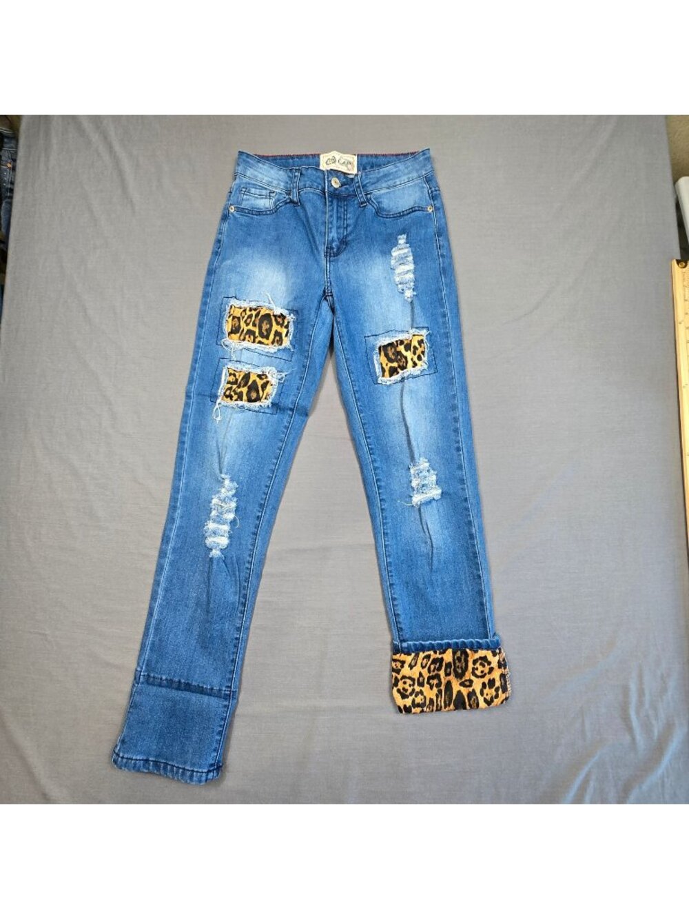 L & B Lucky & Blessed Size 4 Jeans Distressed Leopard Patches Blue Skinny Denim